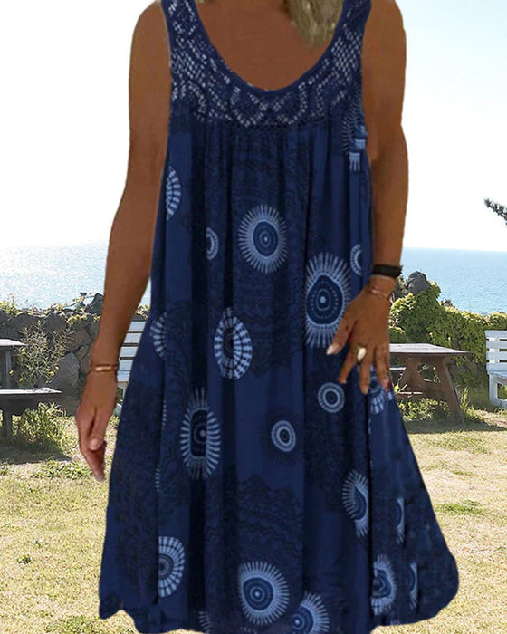 Robe d'été imprimée sans manches à col rond pour femmes