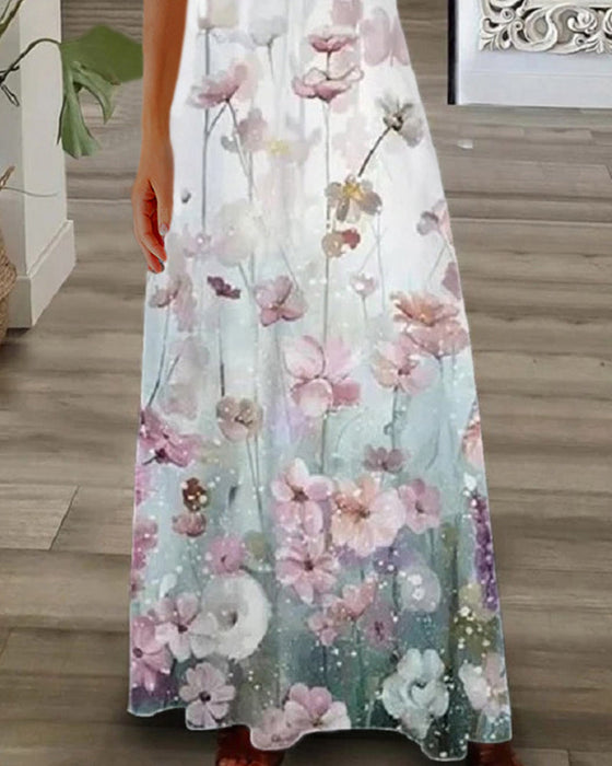 Robe longue à imprimé floral avec manches courtes en dentelle