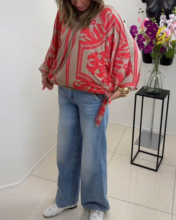 Haut décontracté imprimé à manches longues et col rond