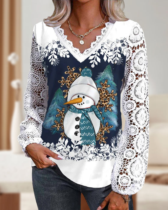 Blouse avec dentelle et motif bonhomme de neige