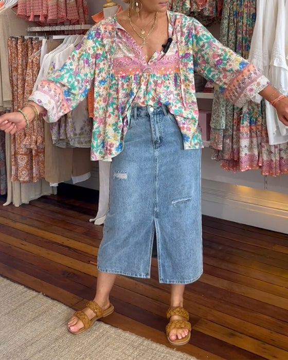 Blouse décontractée à imprimé floral coloré