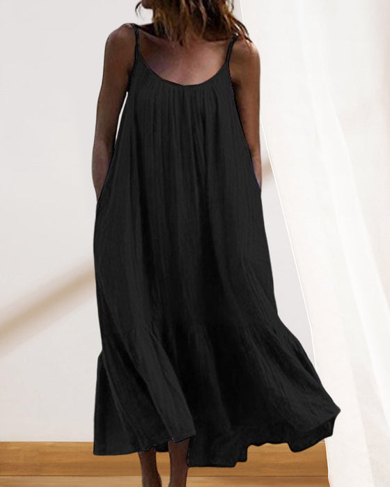 Robe mi-longue sans manches de couleur unie