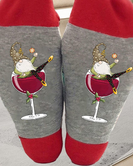 🧦Chaussettes de Noël unisexes avec des lutins et des verres à vin🧦