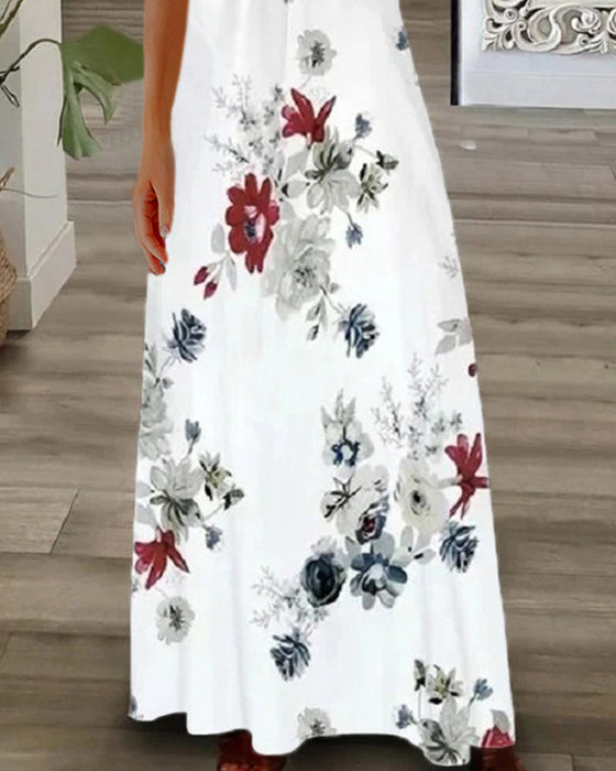 Robe longue à imprimé floral avec manches courtes en dentelle
