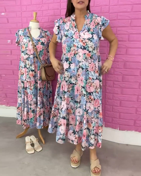 Robe décontractée à manches courtes et col en V à imprimé fleur