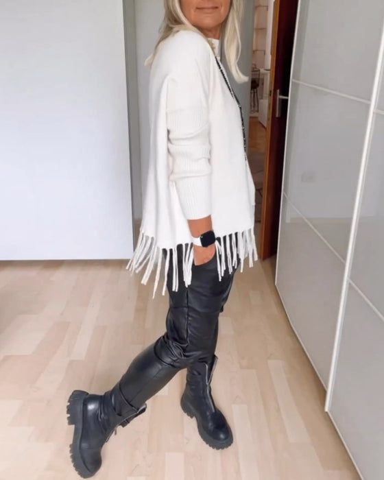 Pull décontracté à franges de couleur unie