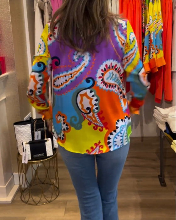 Blouse manches longues col V imprimé coloré