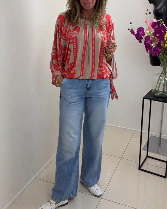 Haut décontracté imprimé à manches longues et col rond