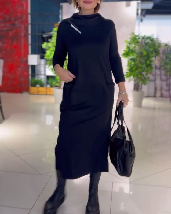 Robe Unie à Col Rond Et Poche