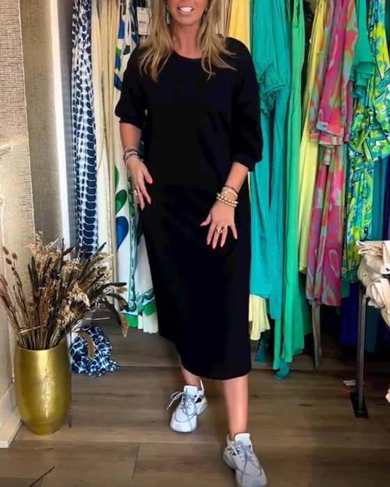 Robe à col rond de couleur unie