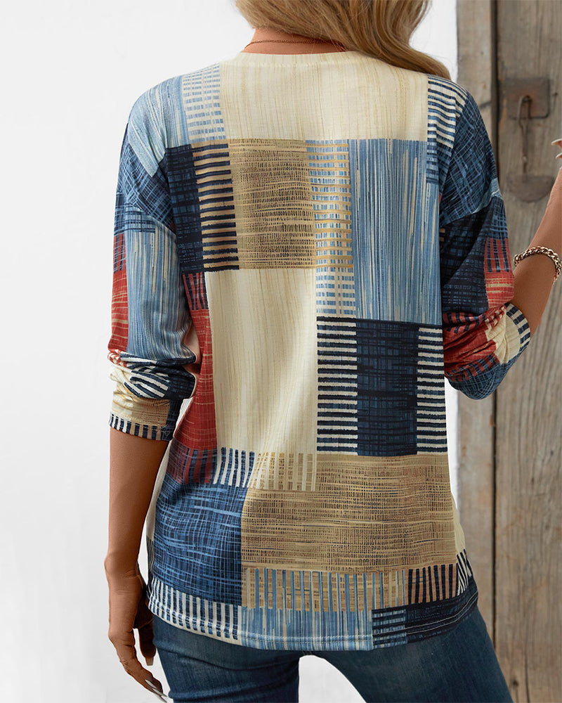 Haut de couleur contrastée avec coutures de poche en PU à col rond