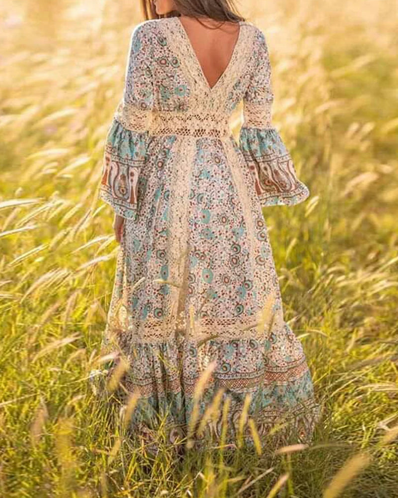 Robe à manches cloche en V profond et imprimé feuilles