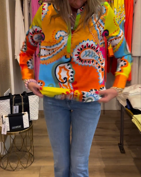 Blouse manches longues col V imprimé coloré