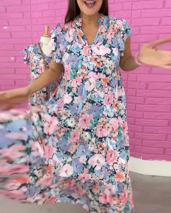 Robe décontractée à manches courtes et col en V à imprimé fleur