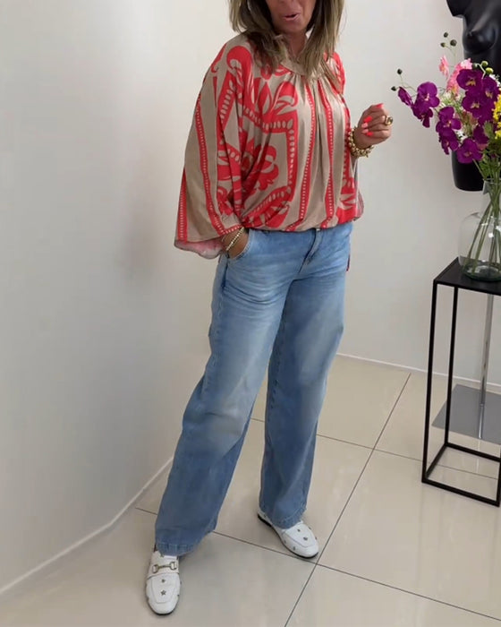 Haut décontracté imprimé à manches longues et col rond