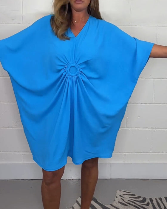 Robe col V couleur unie manches chauve-souris