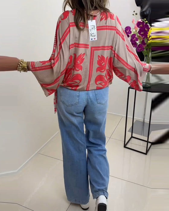 Haut décontracté imprimé à manches longues et col rond