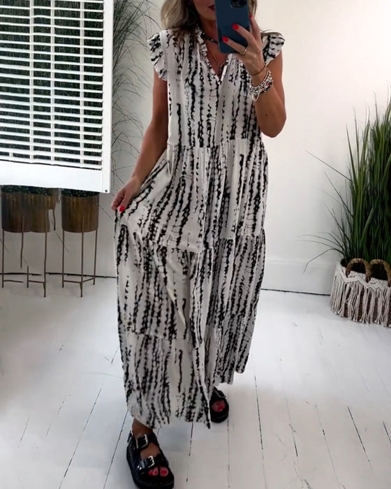 Robe à col en V imprimée à manches volantes