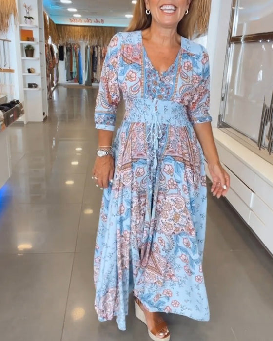 Robe de vacances à col en V et manches 3/4