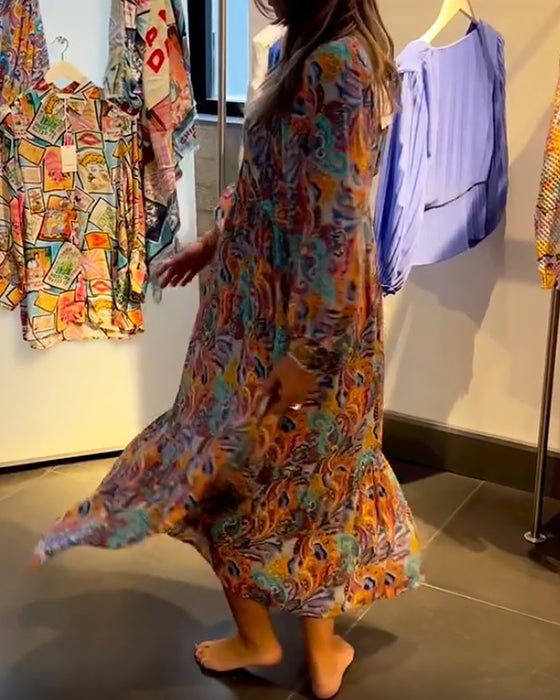 Robe longue trapèze imprimée à col en V