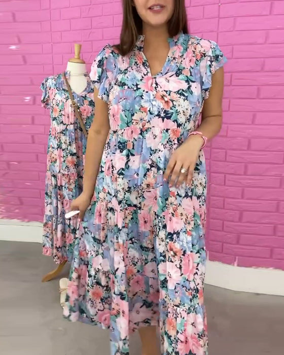 Robe décontractée à manches courtes et col en V à imprimé fleur