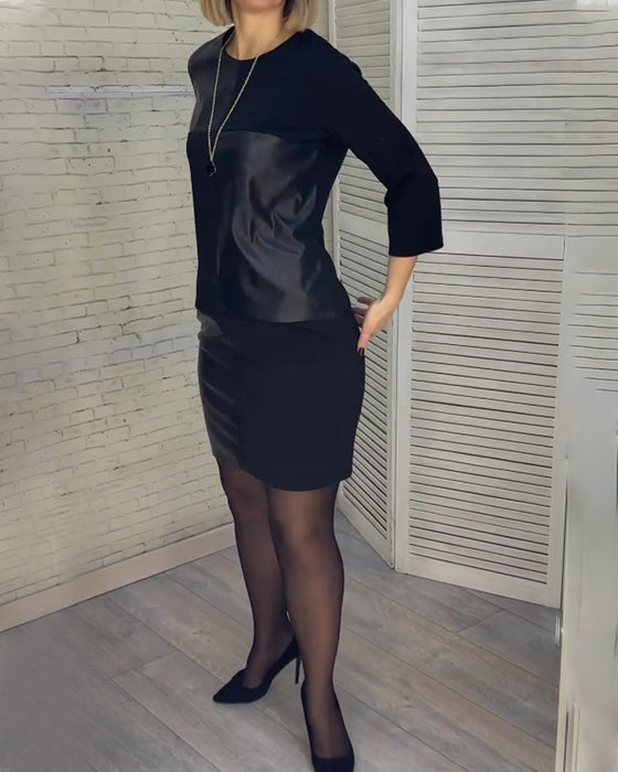 Robe col rond patchwork en cuir PU