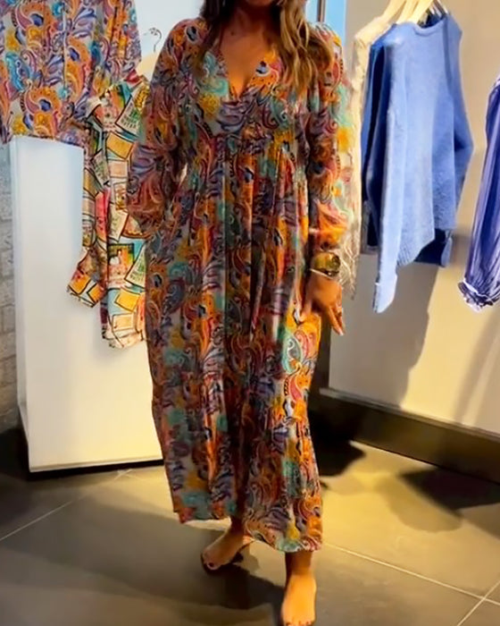 Robe longue trapèze imprimée à col en V