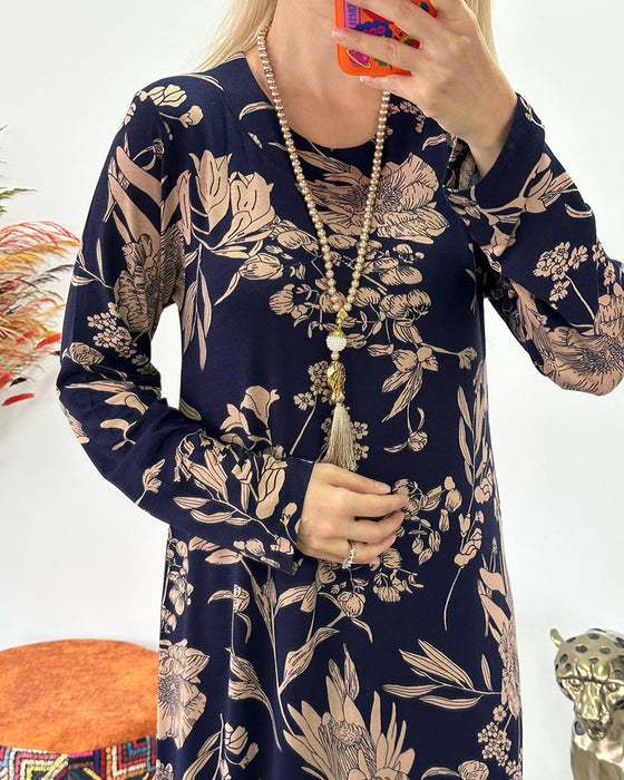 Robe à col rond et motif floral