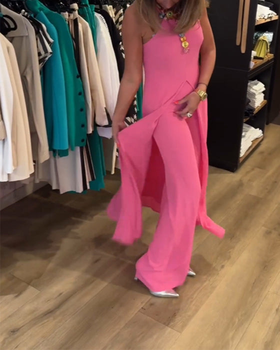 Ensemble deux pièces de couleur unie avec fente au col licou