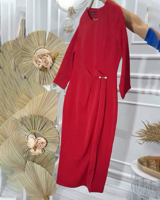 Robe longue romantique de couleur unie à col rond