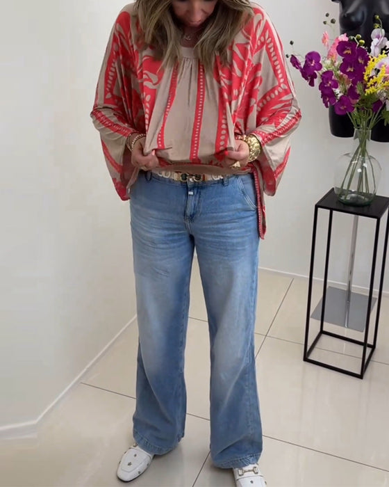 Haut décontracté imprimé à manches longues et col rond