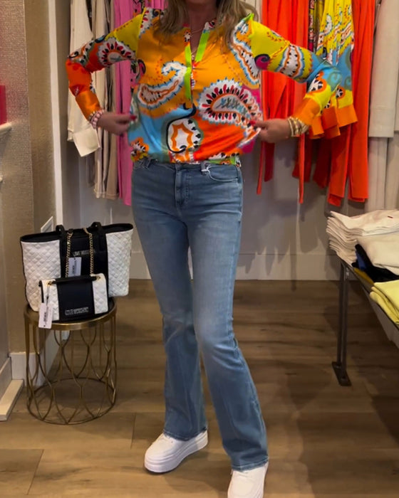 Blouse manches longues col V imprimé coloré