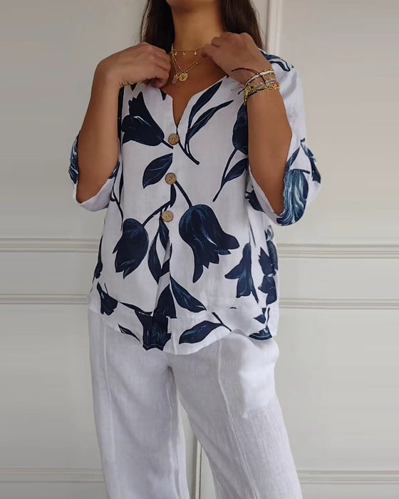 Haut boutonné en coton et lin imprimé fleuri