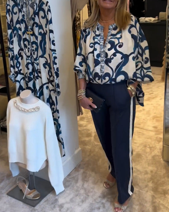 Blouse à manches lanternes à motif rétro