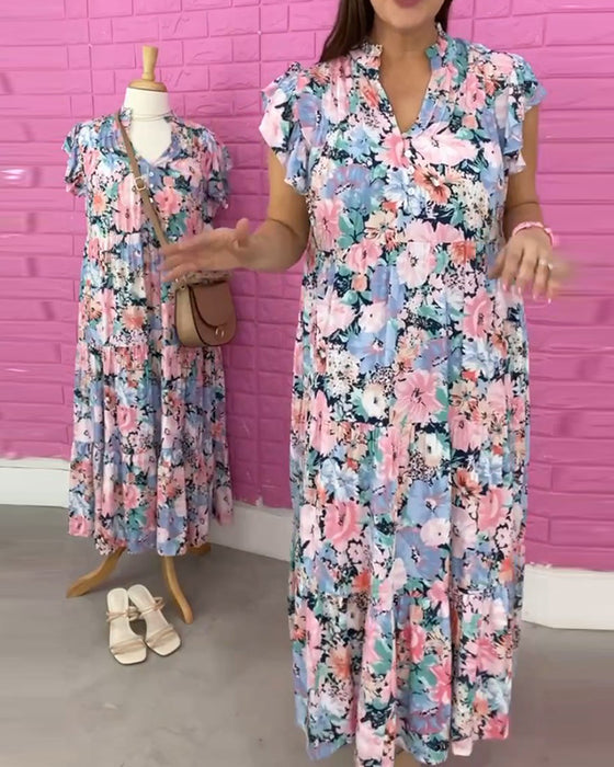 Robe décontractée à manches courtes et col en V à imprimé fleur