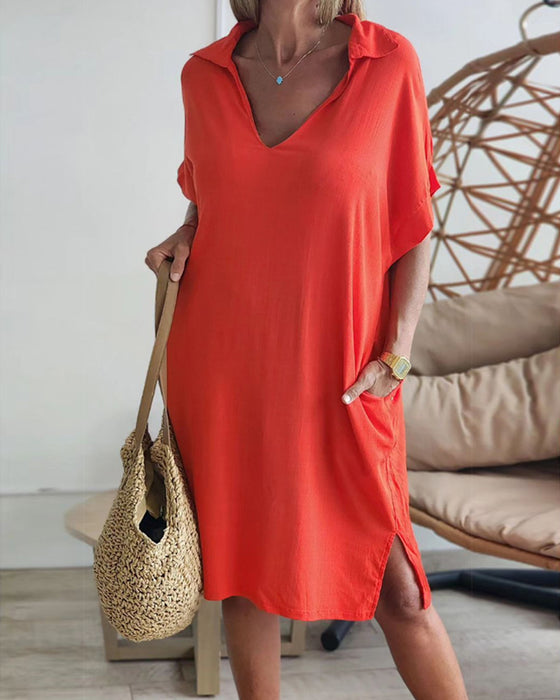 Robe à revers de couleur unie avec poches