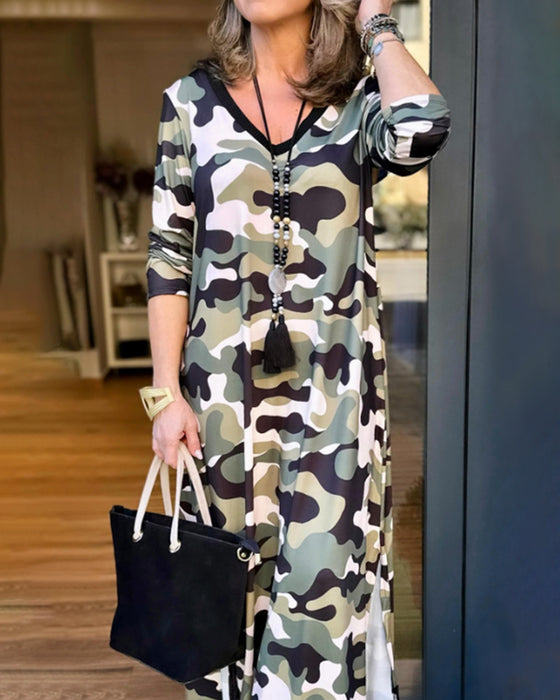 Robe à col en V à imprimé camouflage