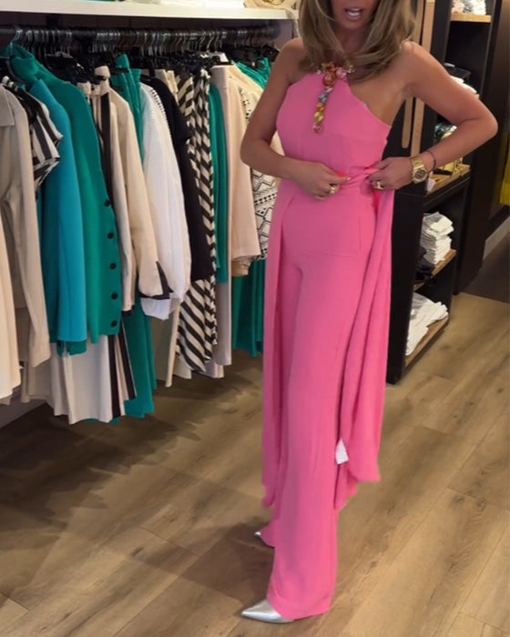 Ensemble deux pièces de couleur unie avec fente au col licou